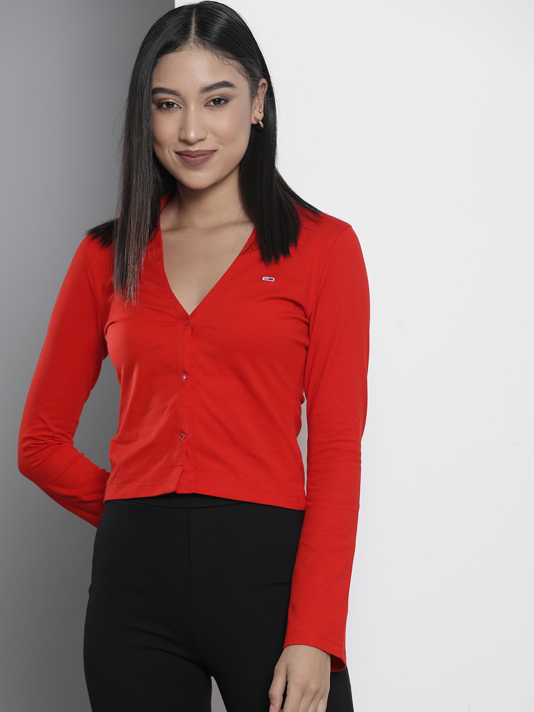 

Tommy Hilfiger Women Red V-Neck Slim Fit Button Through T-shirt