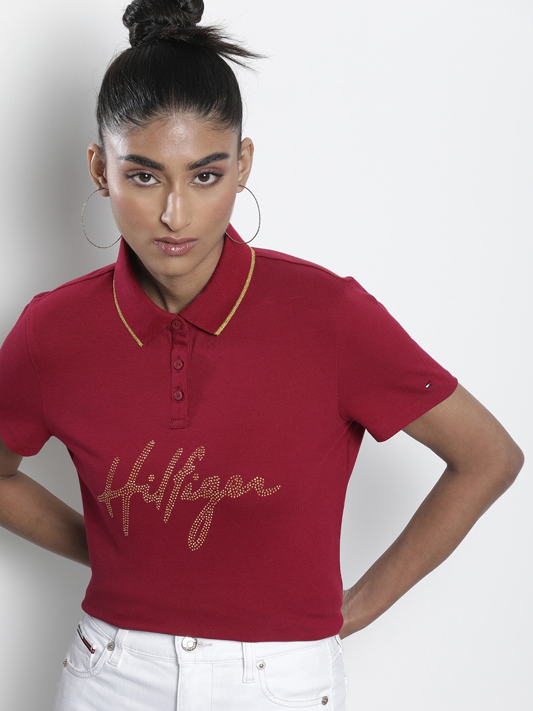 

Tommy Hilfiger Women Maroon Embellished Brand Logo Polo Collar T-shirt