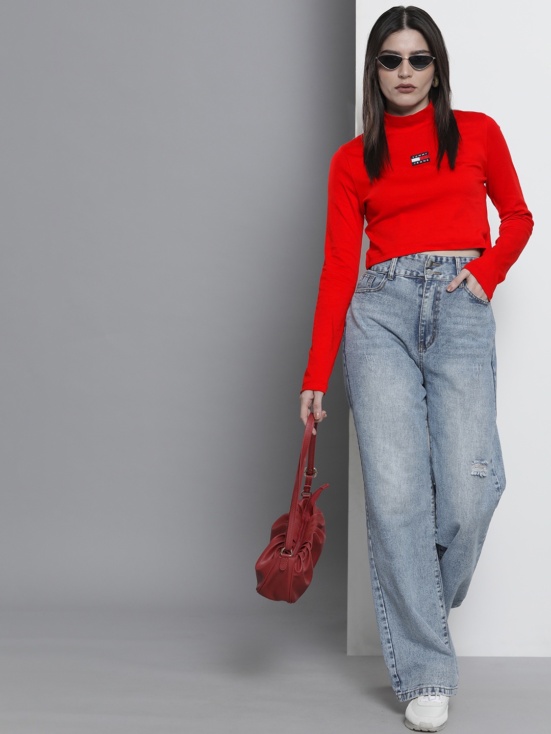 

Tommy Hilfiger Women Red Brand Logo Printed High Neck Pure Cotton T-shirt