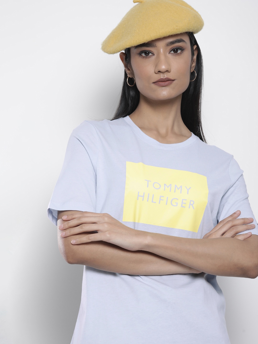 

Tommy Hilfiger Women Blue & Yellow Brand Logo Printed T-shirt