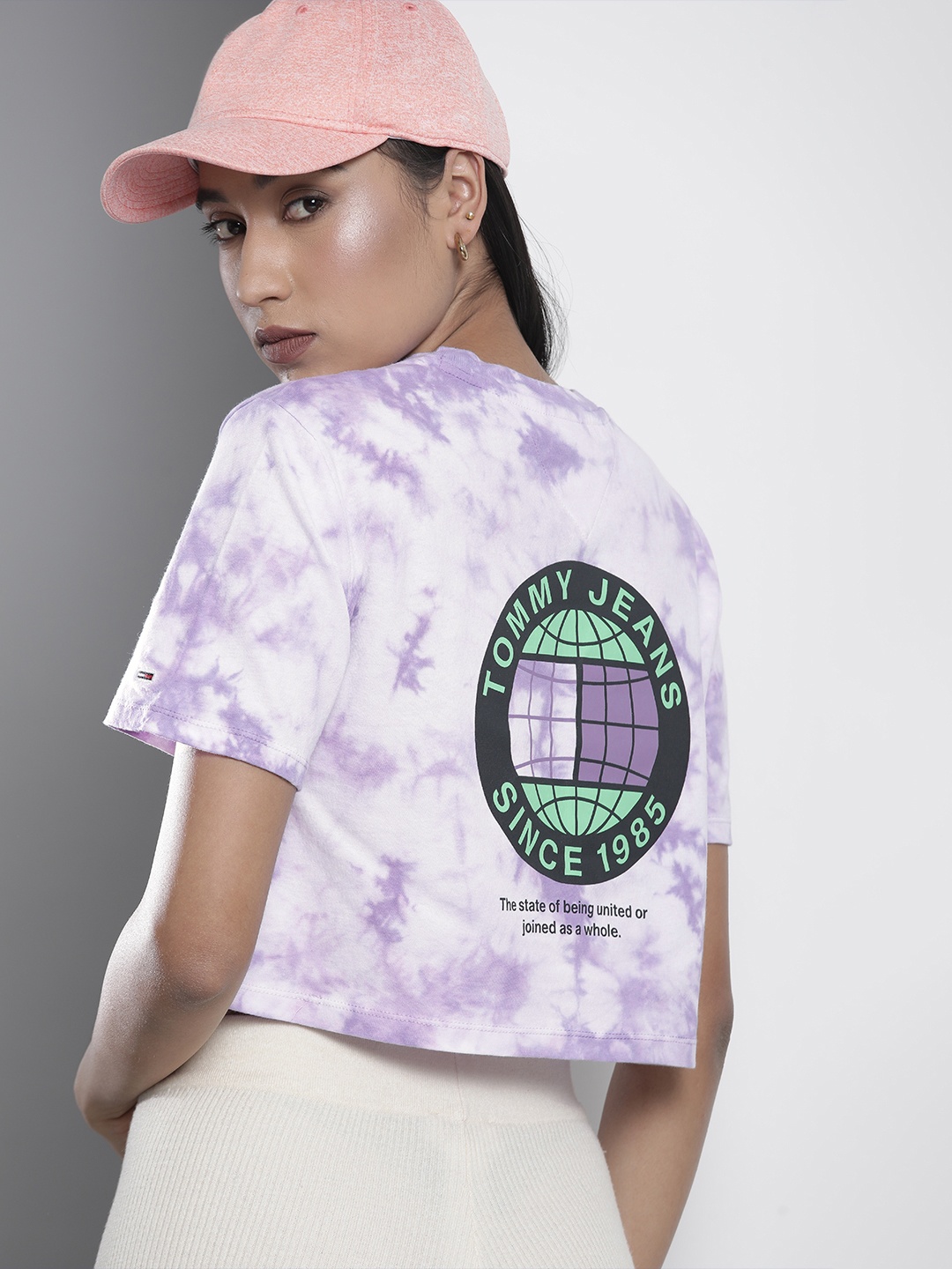 

Tommy Hilfiger Women White & Purple Tie and Dye Pure Cotton Crop T-shirt with Logo Print