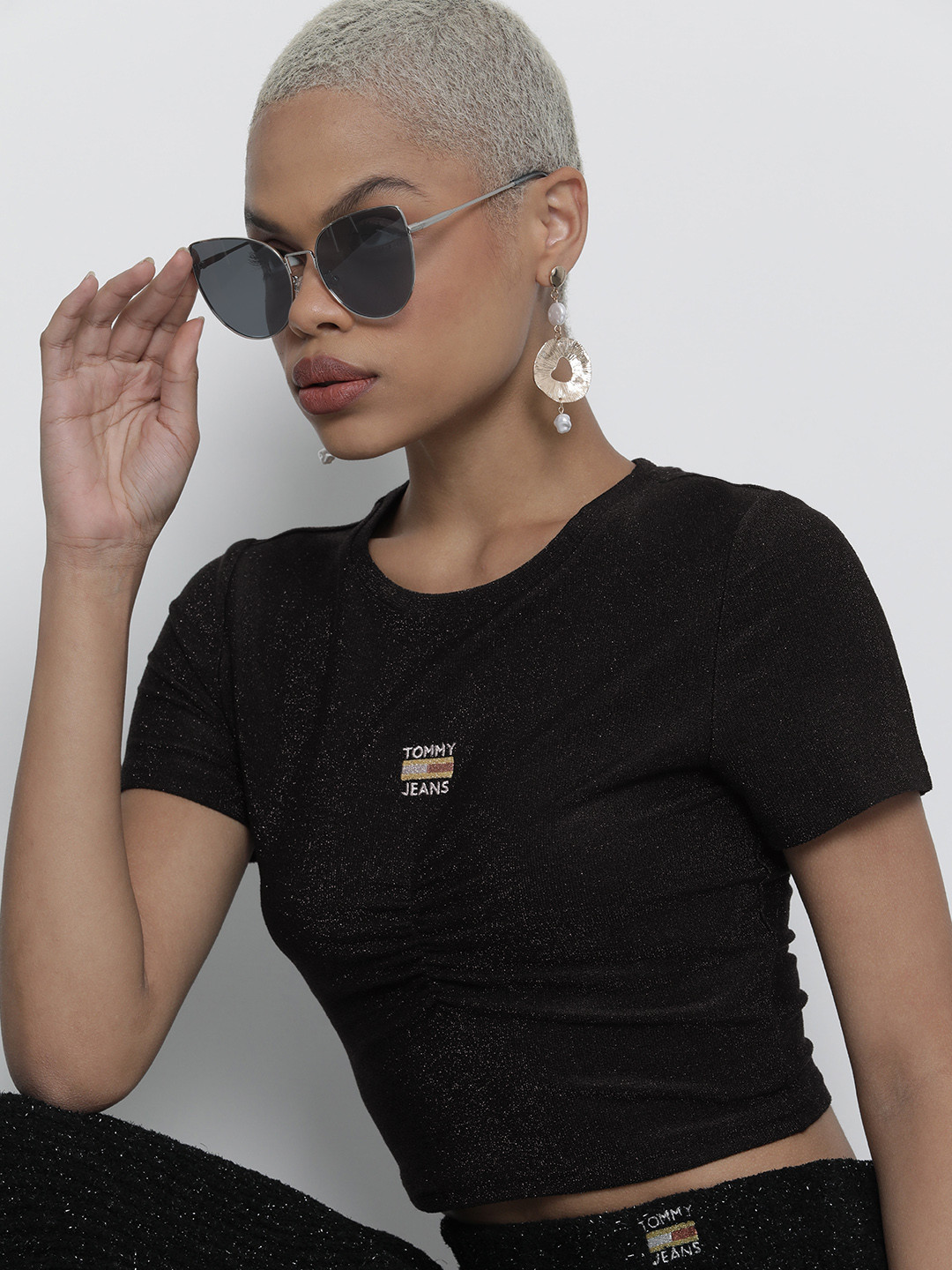 

Tommy Hilfiger Women Black Brand Logo Printed Embellished Crop T-shirt