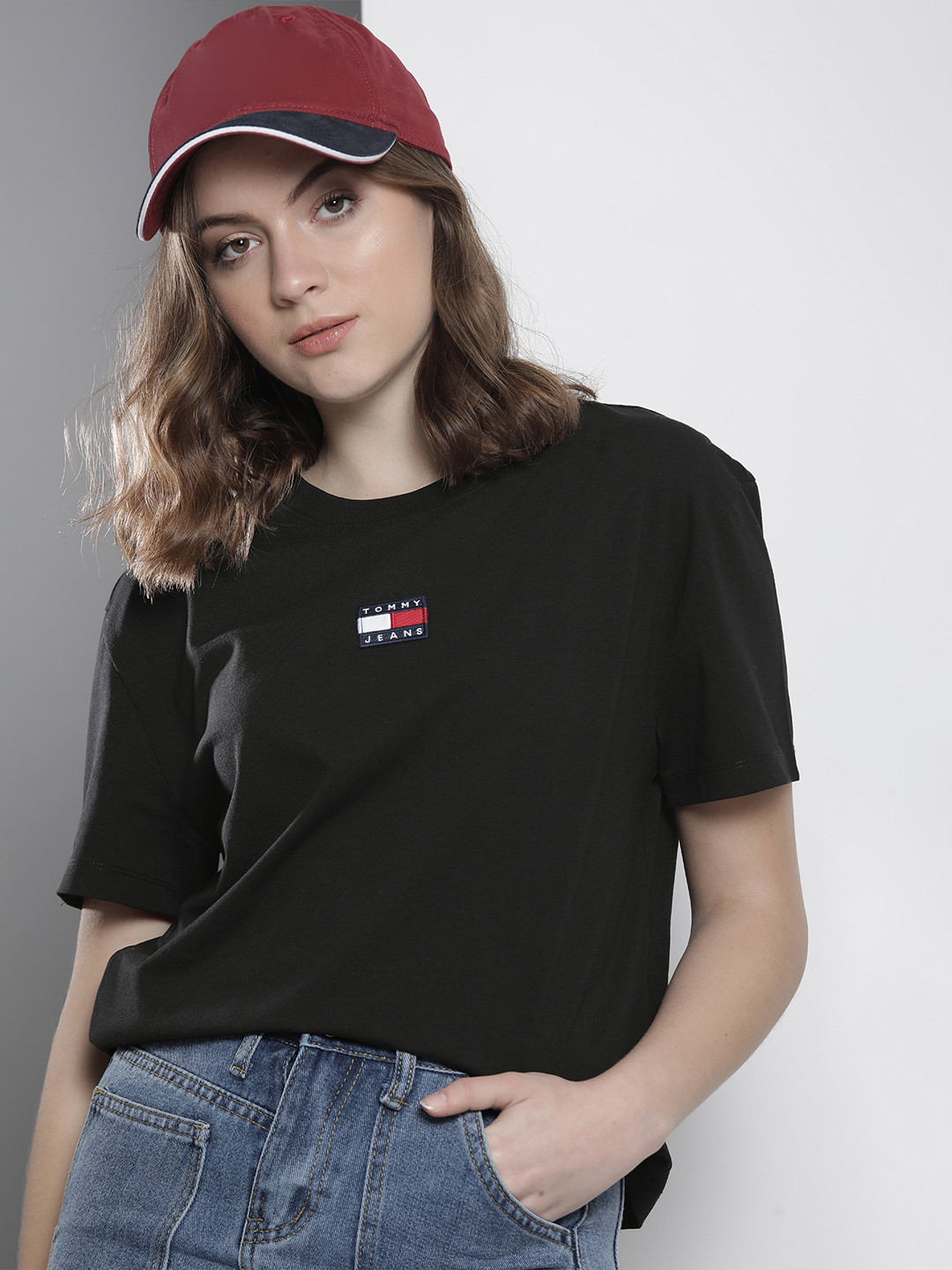 

Tommy Hilfiger Women Black Drop-Shoulder Sleeves T-shirt