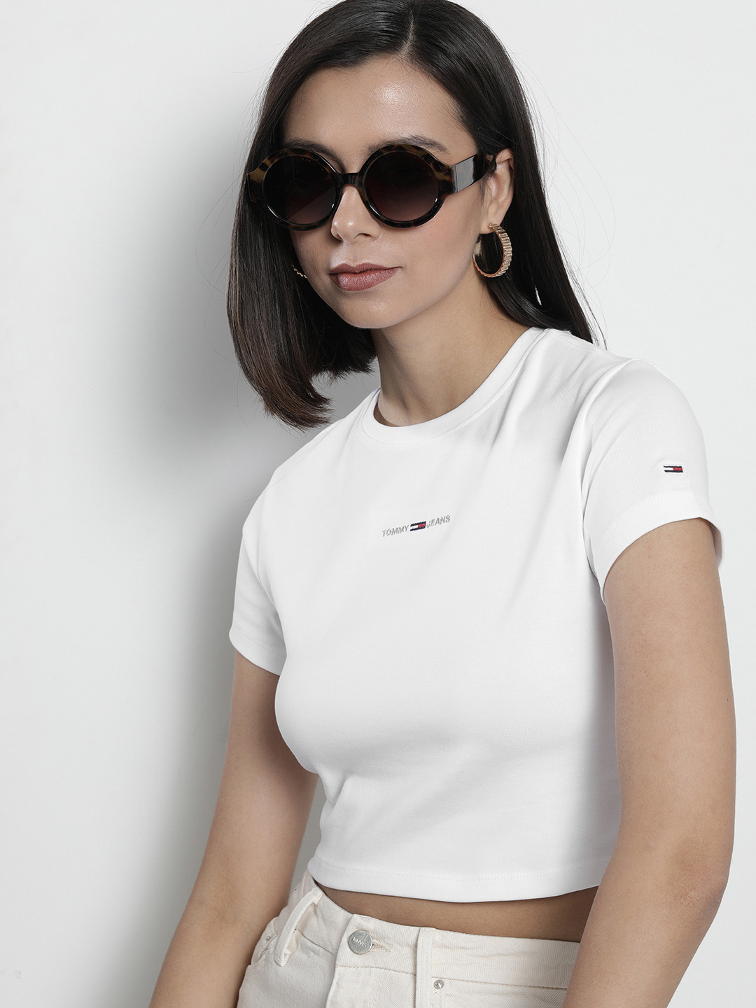 

Tommy Hilfiger Women White Embroidered Round-Neck Crop T-shirt