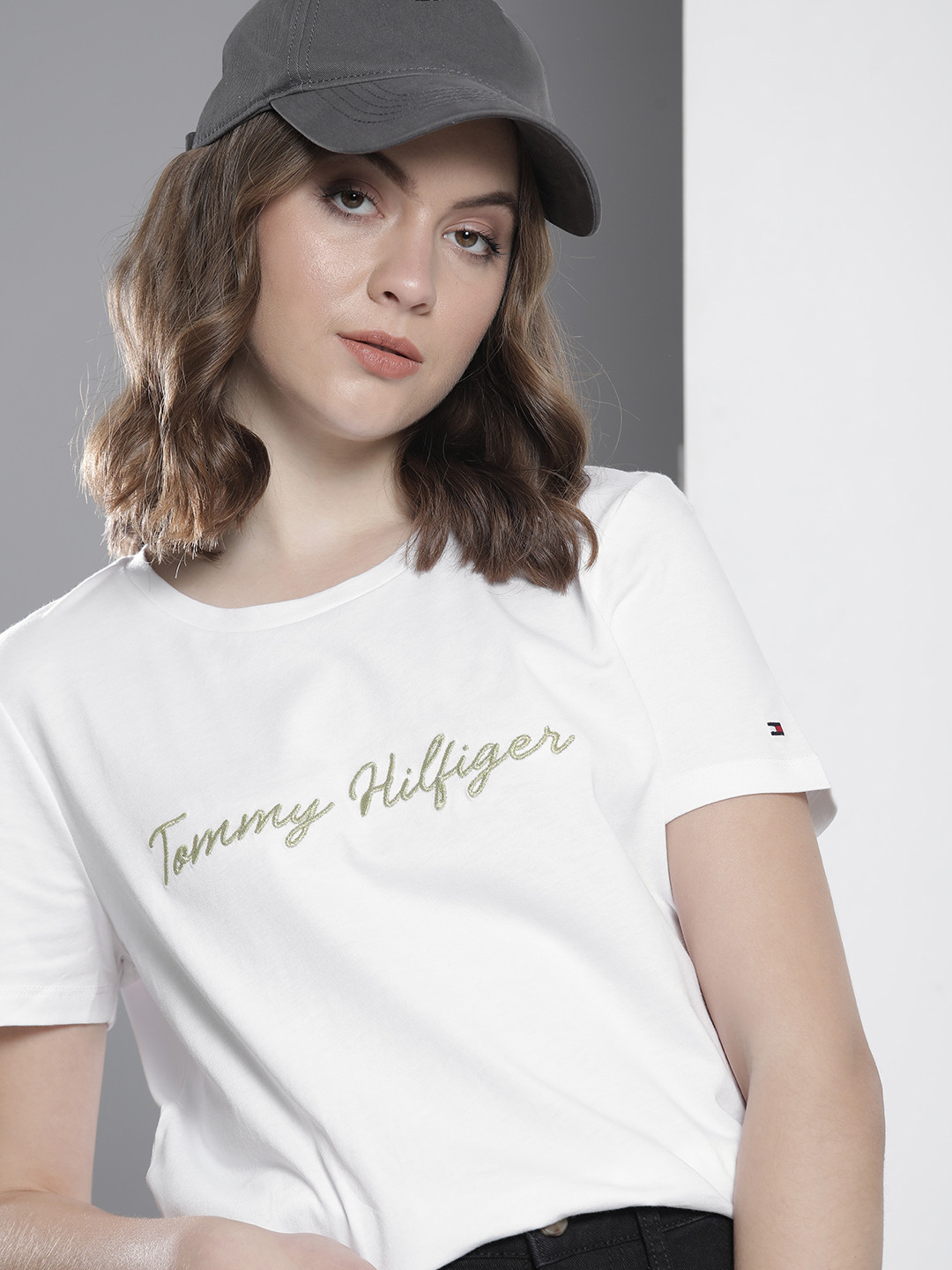 

Tommy Hilfiger Women White & Black Brand Logo Embroidered Pure Cotton T-shirt
