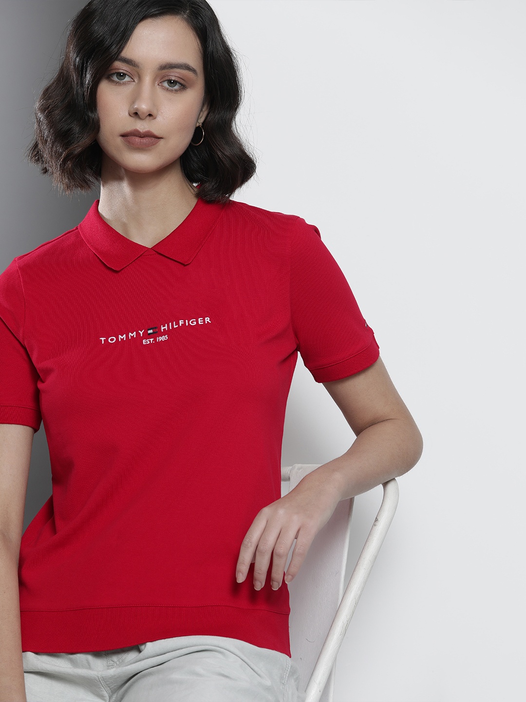 

Tommy Hilfiger Women Red Brand Logo Printed Polo Collar Pure Cotton T-shirt