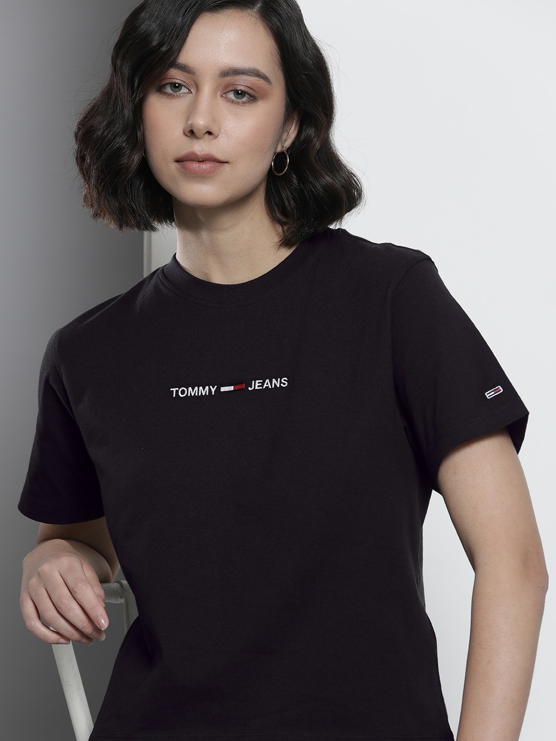 

Tommy Hilfiger Women Black Brand Logo Printed Pure Cotton T-shirt