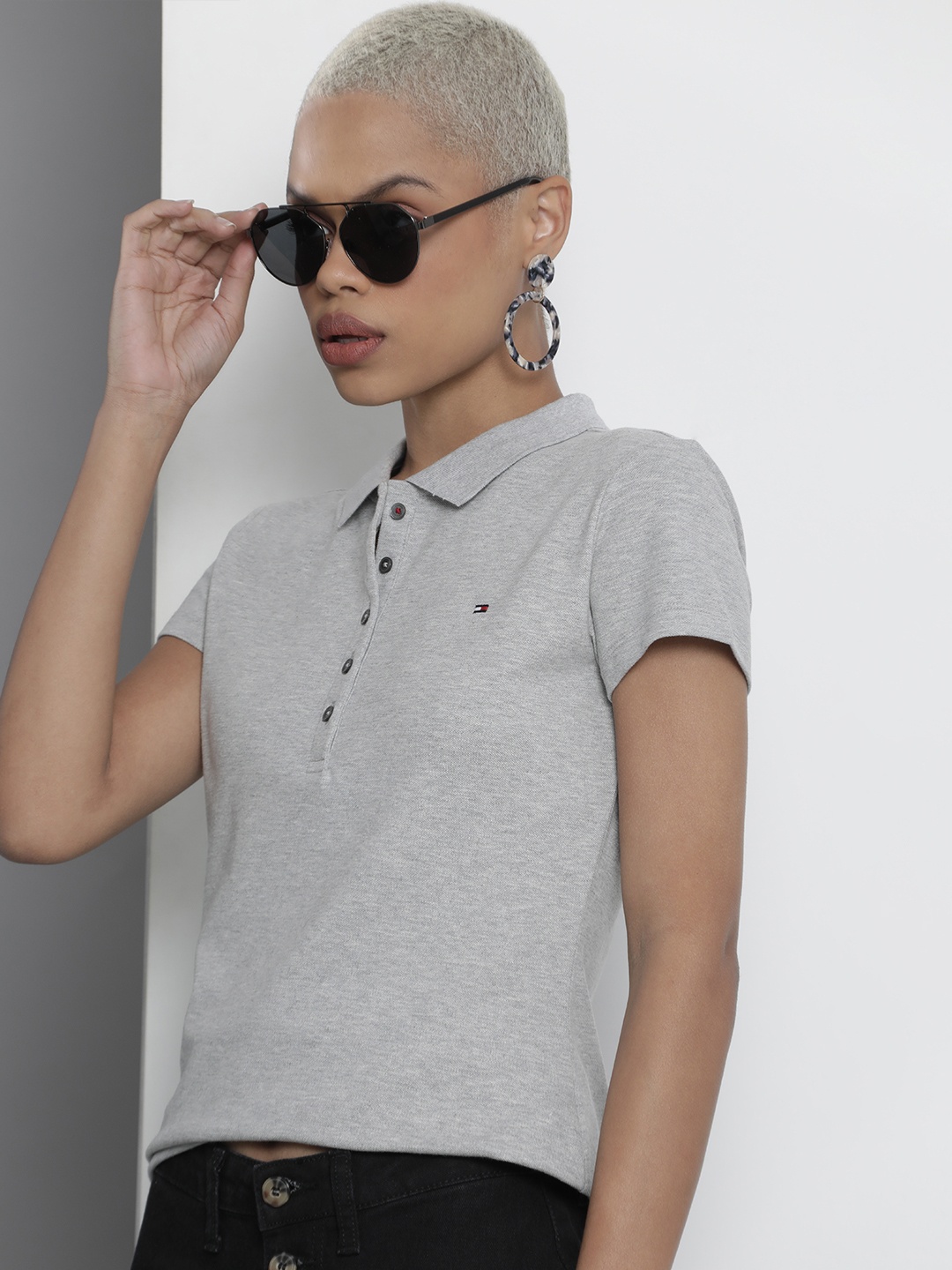 

Tommy Hilfiger Women Grey Solid Polo Collar Slim Fit Casual T-shirt