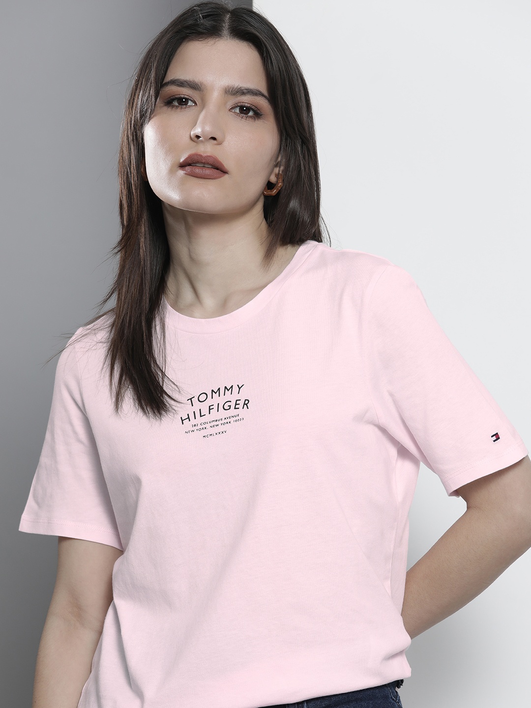 

Tommy Hilfiger Women Light Pink Typography Printed Pure Cotton T-shirt