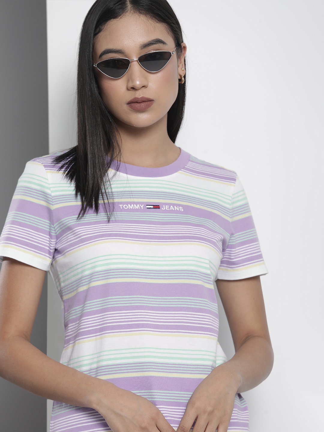 

Tommy Hilfiger Women White & Purple Striped Pure Cotton Round Neck T-shirt