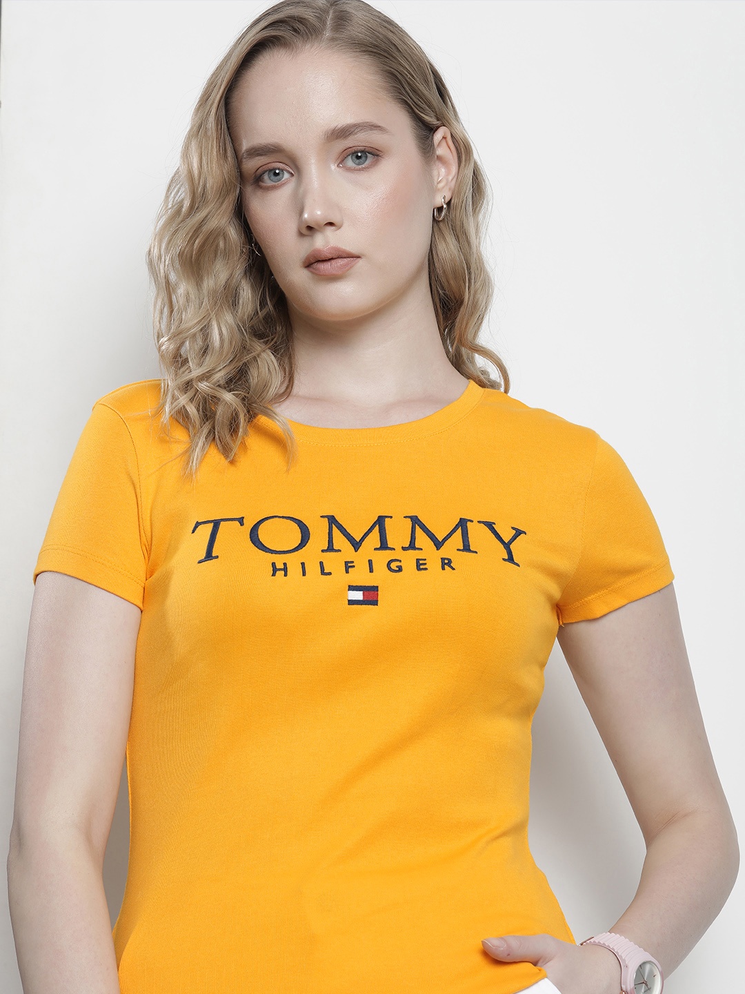 

Tommy Hilfiger Brand Logo Embroidered Pure Cotton T-shirt, Yellow