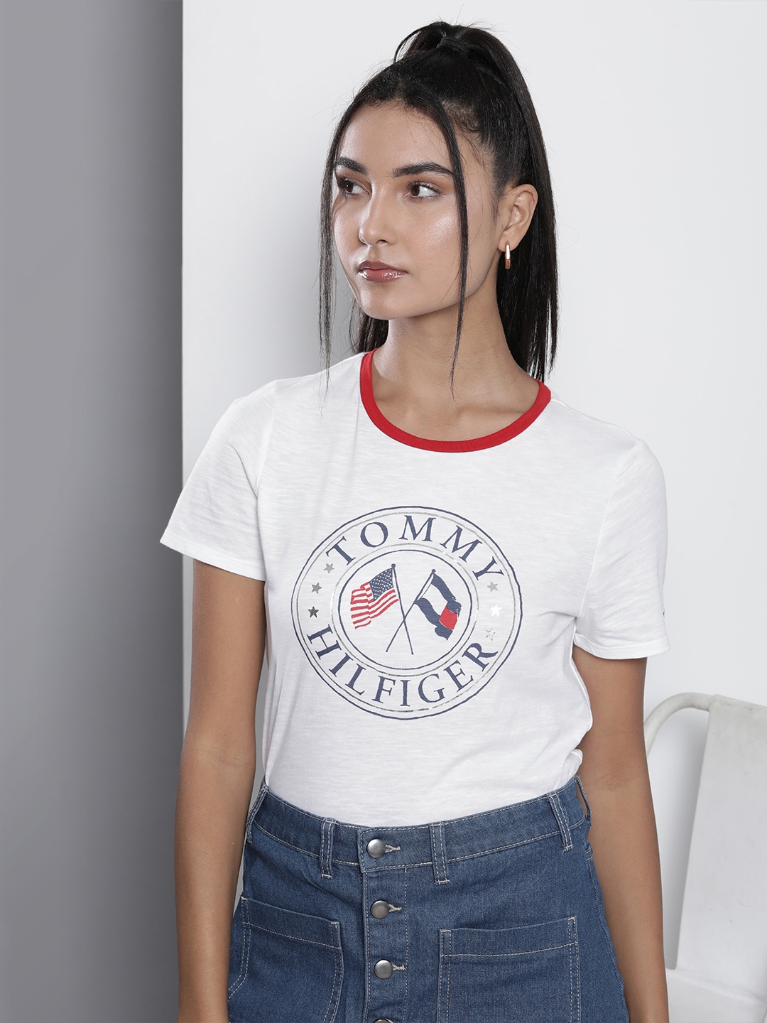 

Tommy Hilfiger Women White Brand Logo Printed Pure Cotton T-shirt