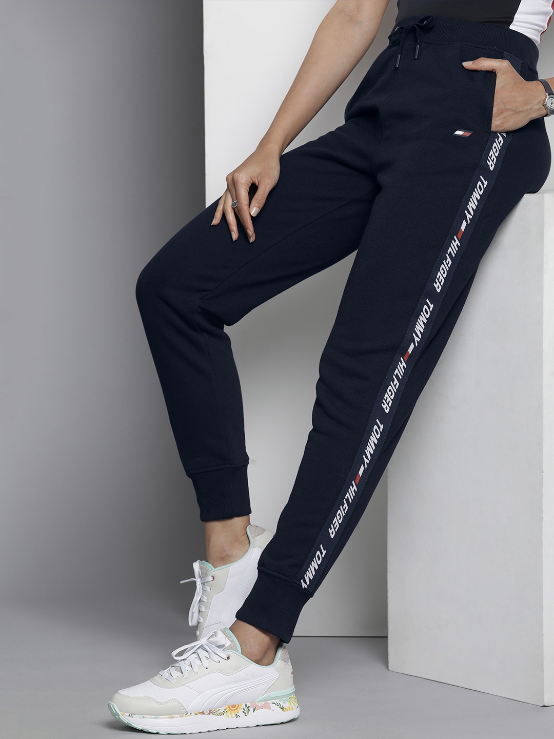 

Tommy Hilfiger Women Solid Mid Rise Joggers With Side Taping Detail, Navy blue