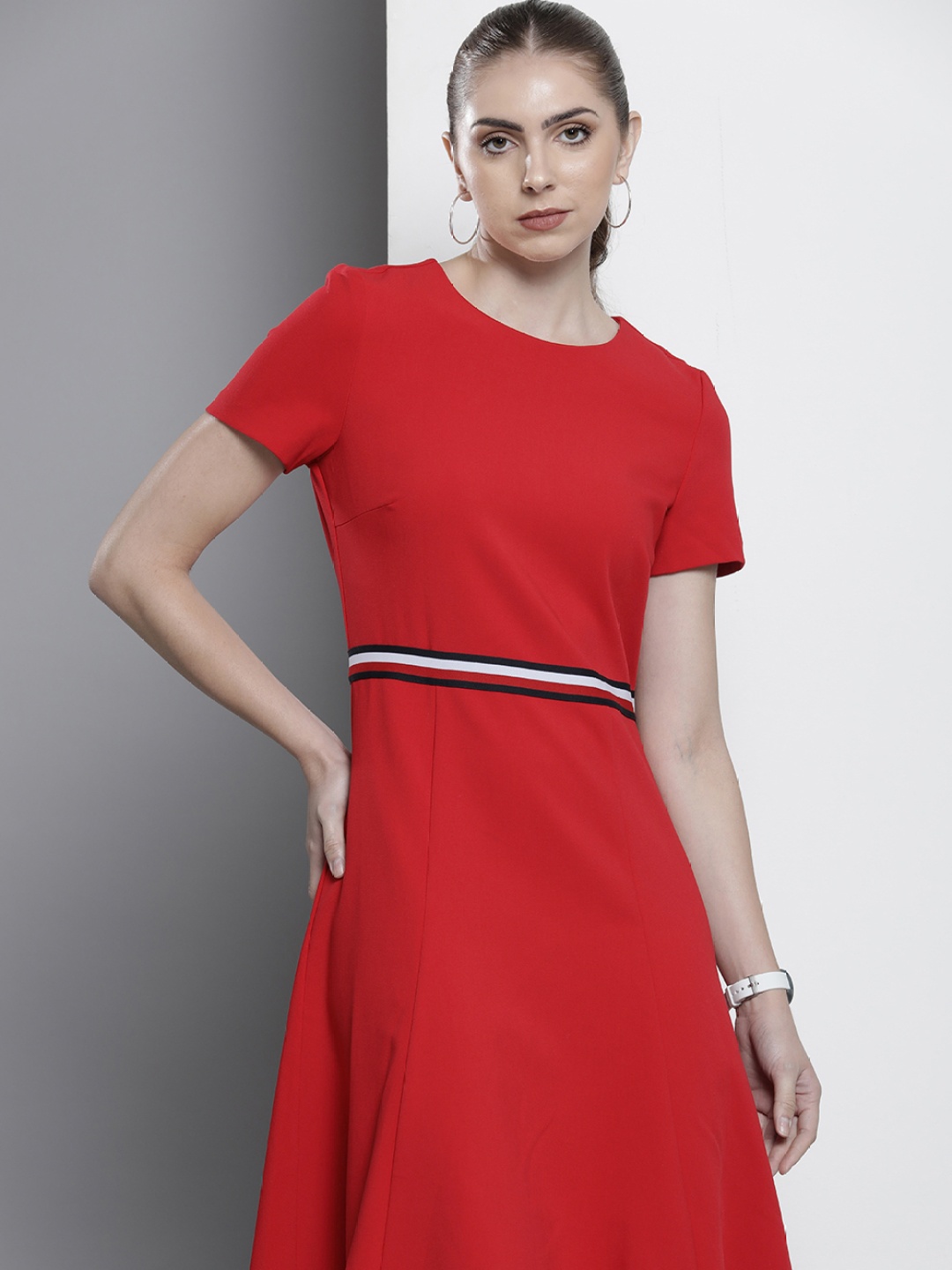 

Tommy Hilfiger Sustainable Round Neck A-Line Dress, Red