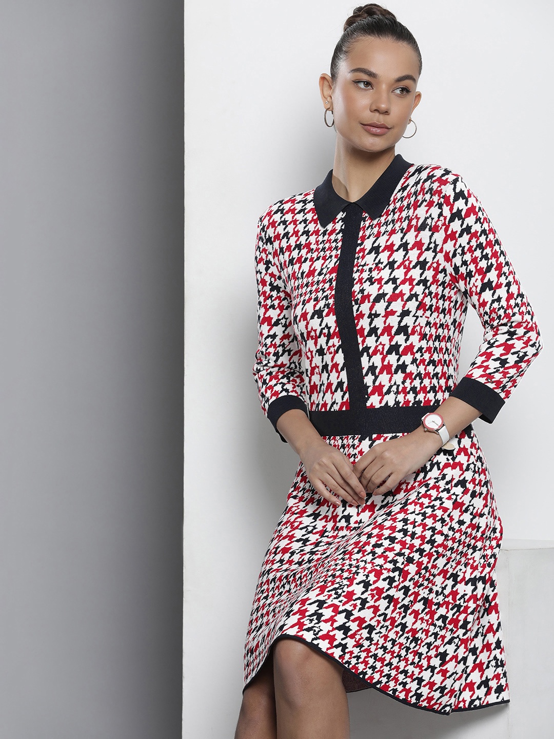 

Tommy Hilfiger Houndstooth Peter Pan Collar A-Line Dress, Red