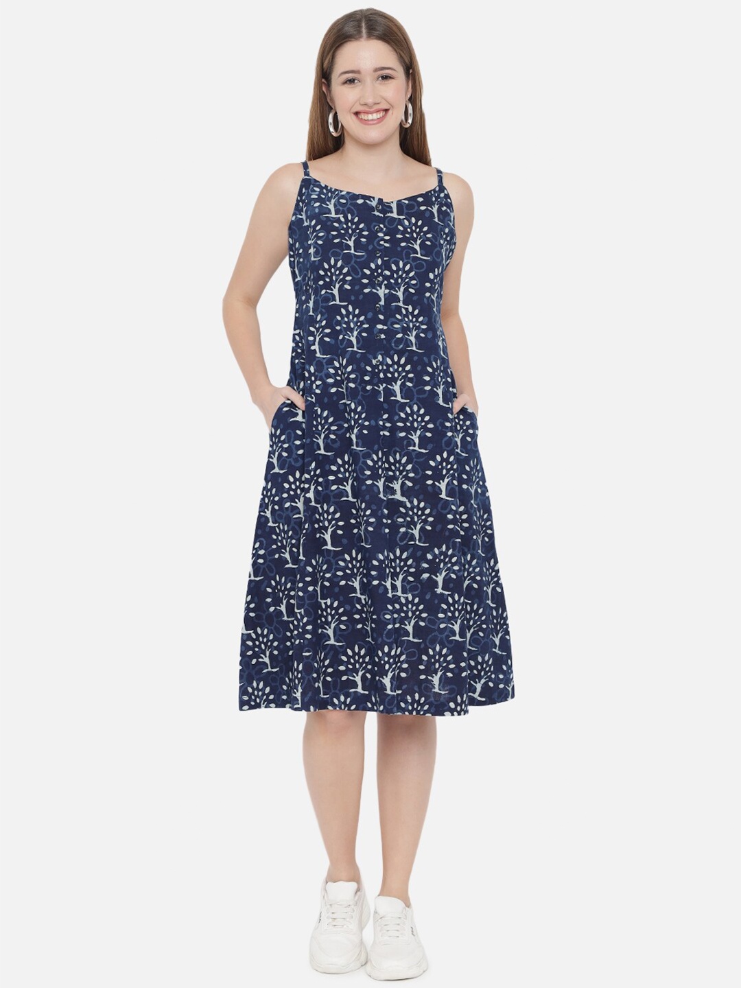 

Indietoga Women Indigo Hand Block Printed Sustainable Pure Cotton Dress, Navy blue
