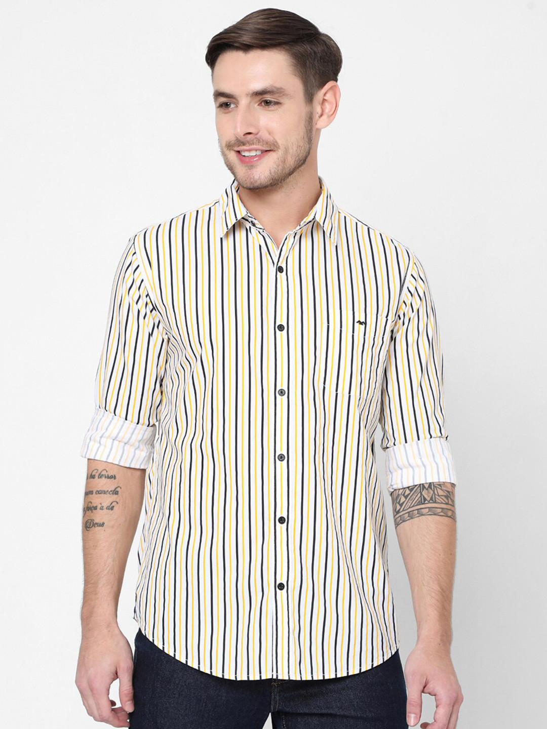 

Mufti Men Mustard Slim Fit Striped Casual Shirt