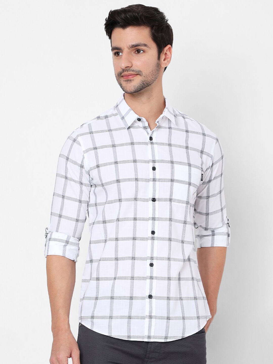 

Mufti Men White Slim Fit Windowpane Checks Pure Cotton Casual Shirt