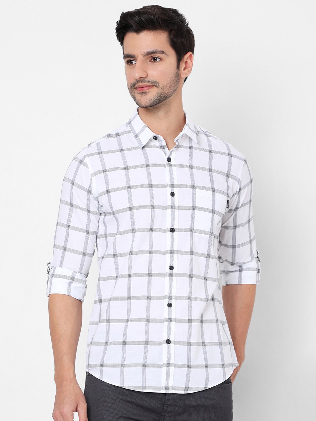 

Mufti Men White Slim Fit Windowpane Checks Pure Cotton Casual Shirt