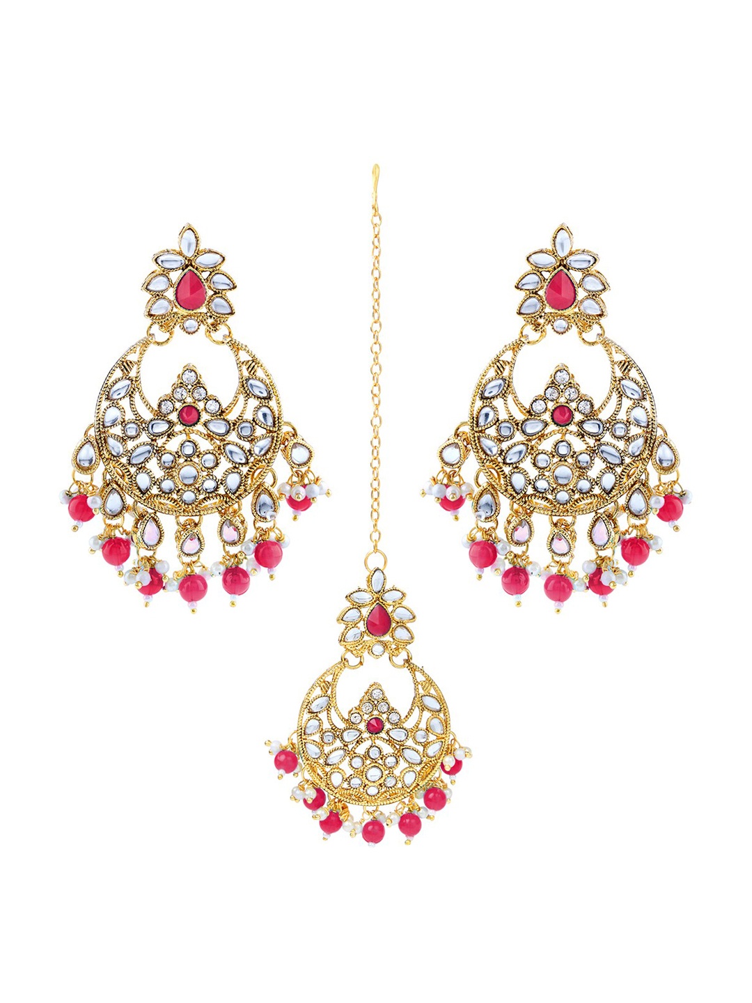 

LIVE EVIL Pink Gold-Plated Kundan & Pearl Studded Jewellery Set