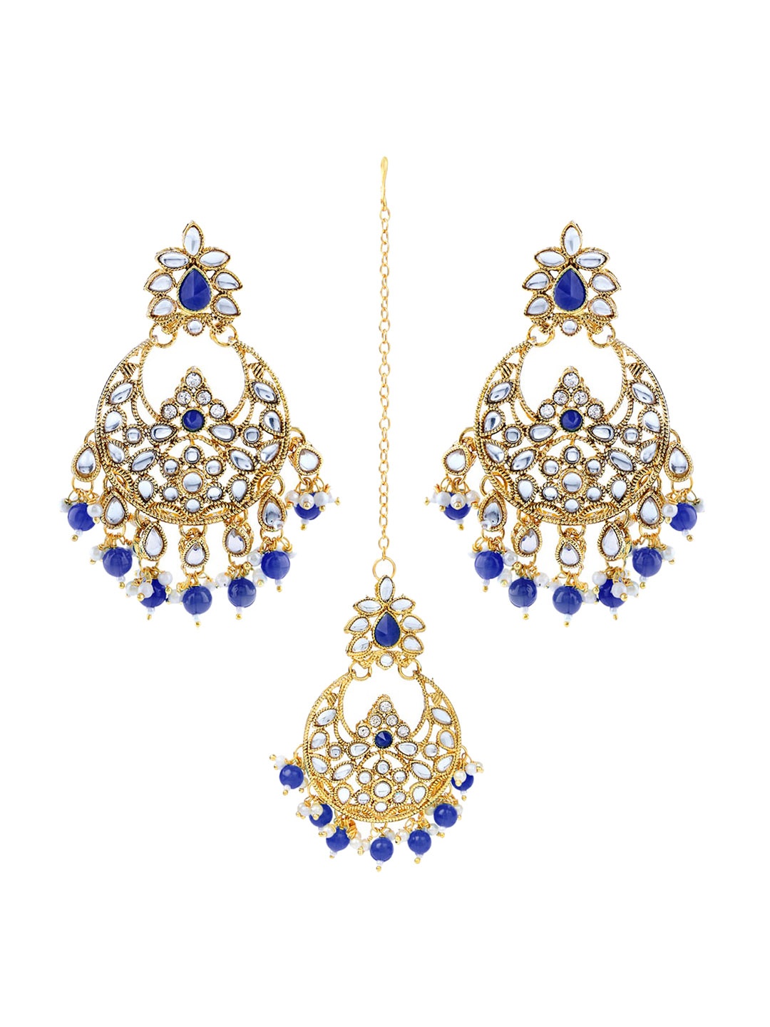 

LIVE EVIL Navy Blue & Gold-Toned & Plated Kundan Maang Tikka With Earrings Set