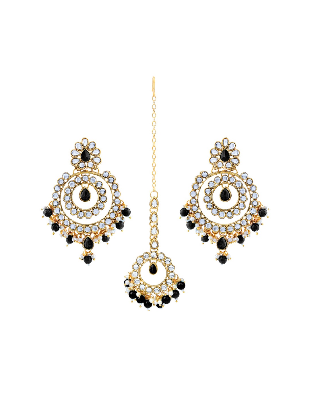 

LIVE EVIL Black & White Gold Plated Kundan & Pearl Maang Tika With Earrings Set