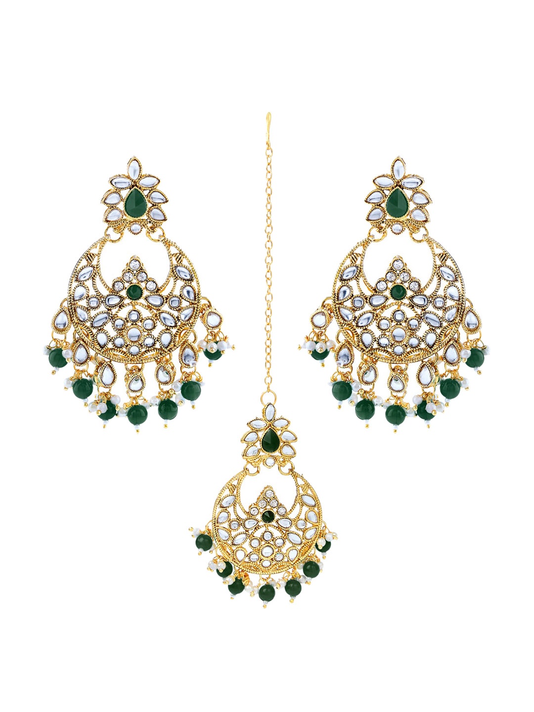 

LIVE EVIL Green & Gold-Toned & Plated Kundan Maang Tikka With Earrings Set