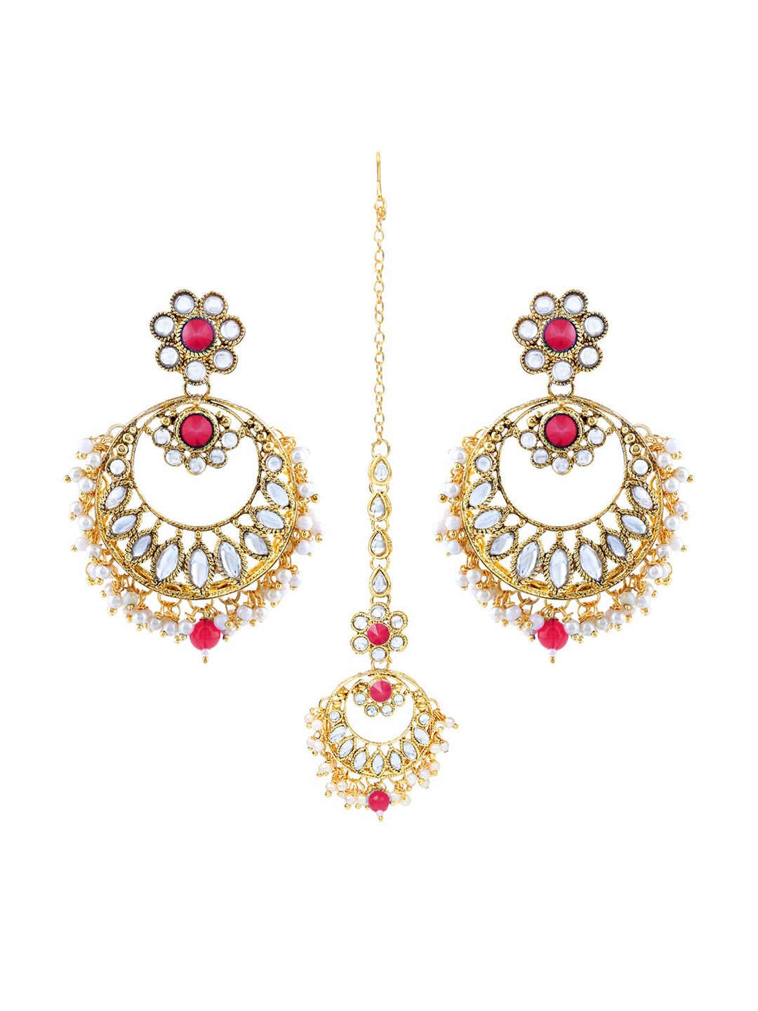 

LIVE EVIL Woman Pink & Gold Maang Tikka With Earrings