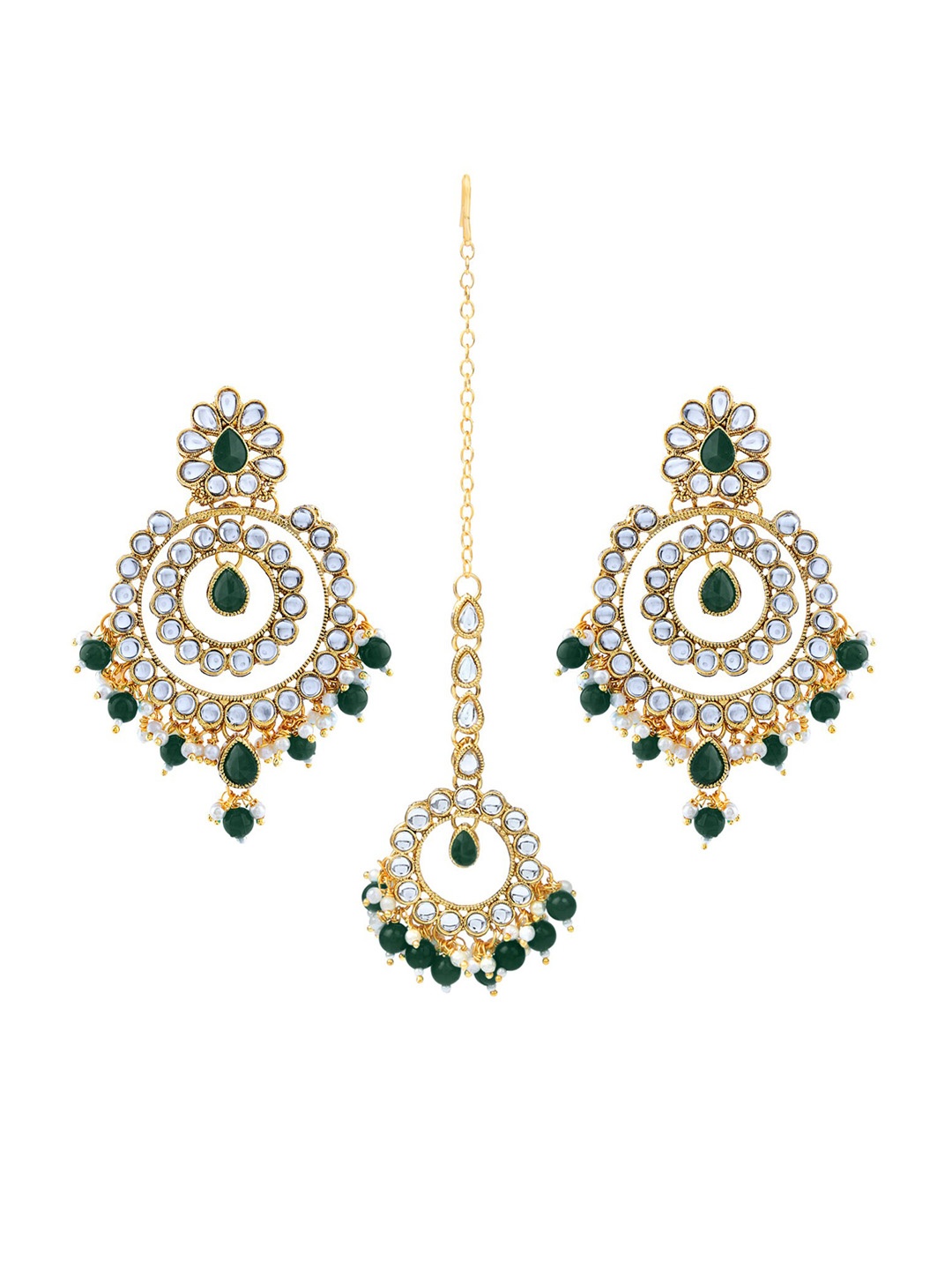 

LIVE EVIL Green & White Gold Plated Kundan & Pearl Maang Tika With Earrings Set