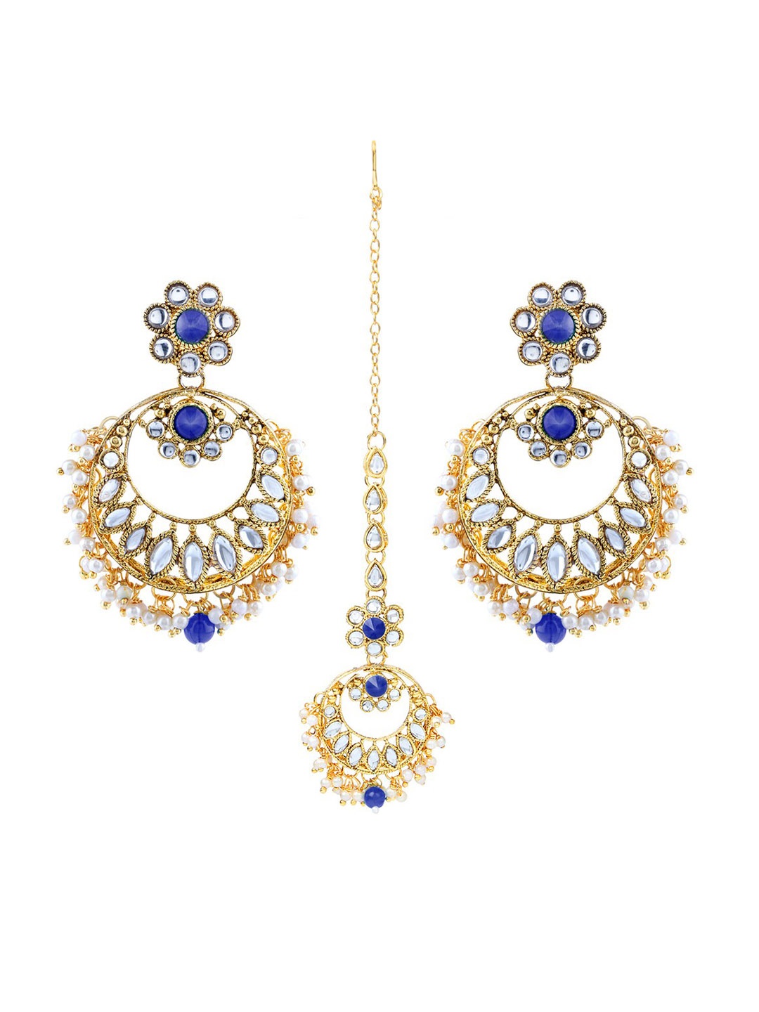 

LIVE EVIL Navy Blue & Gold-Toned & Plated Kundan Maang Tikka With Earrings Set