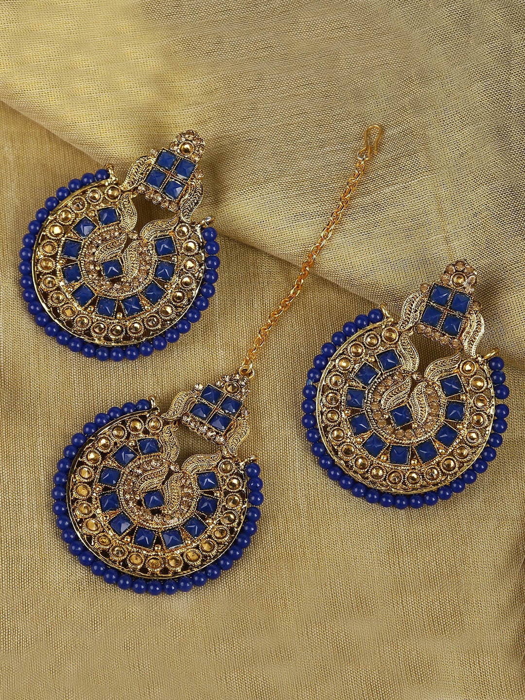 

LIVE EVIL Woman Navy Blue & Gold Maang Tikka With Earrings