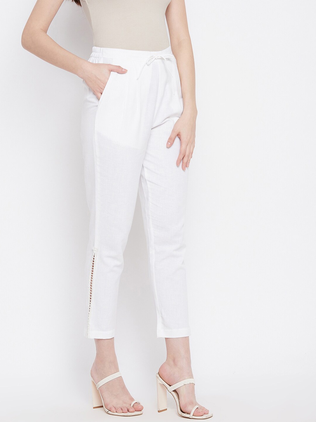 

WineRed Women White Solid Cotton Trousers