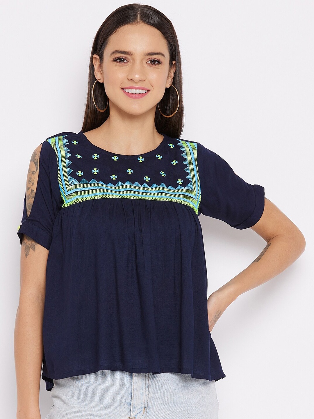 

WineRed Women Navy Blue Rayon Embroidered Yoke A-line Top