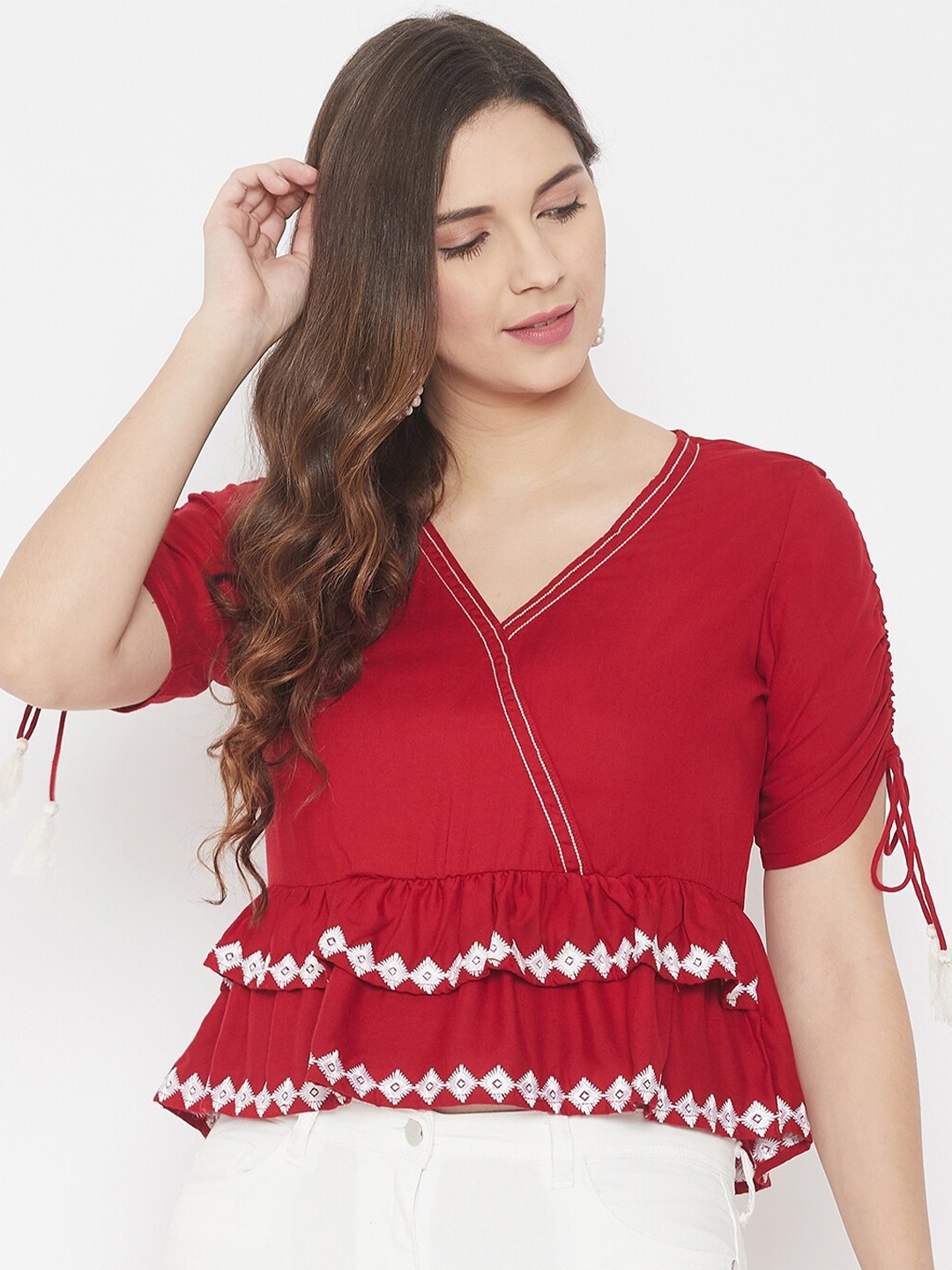 

WineRed Women Red Peplum Top