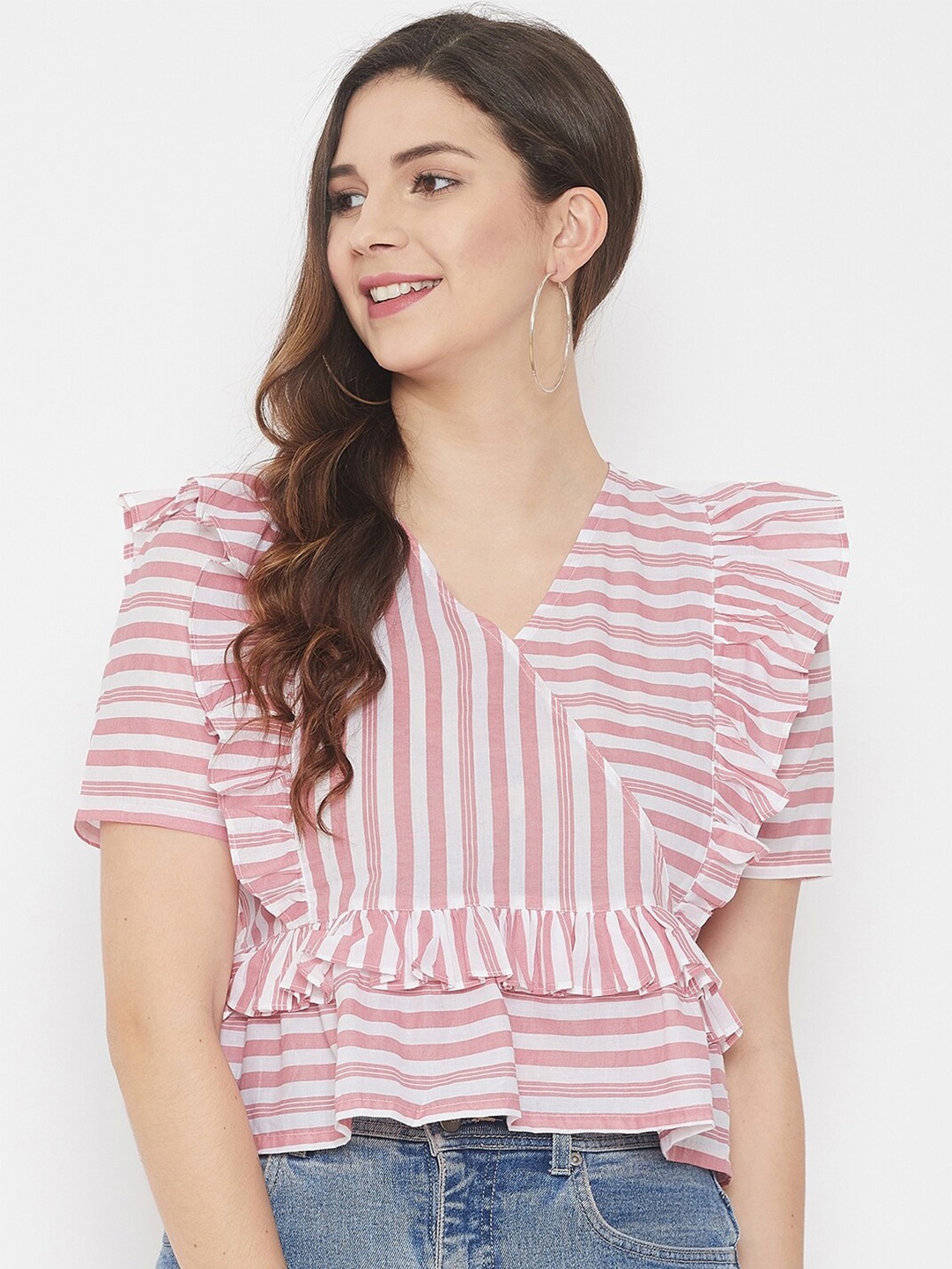 

WineRed Pink & White Striped Ruffles Cinched Waist Pure Cotton Crop Top