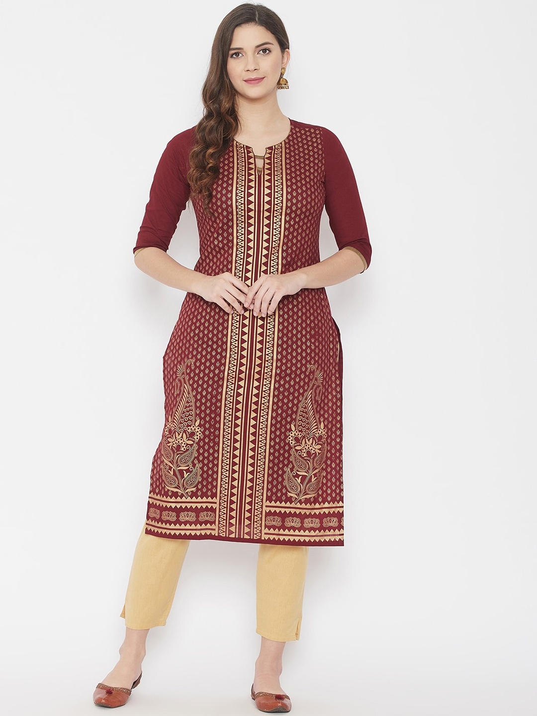 

WineRed Women Maroon & Golden Screen Print Cotton Kurta