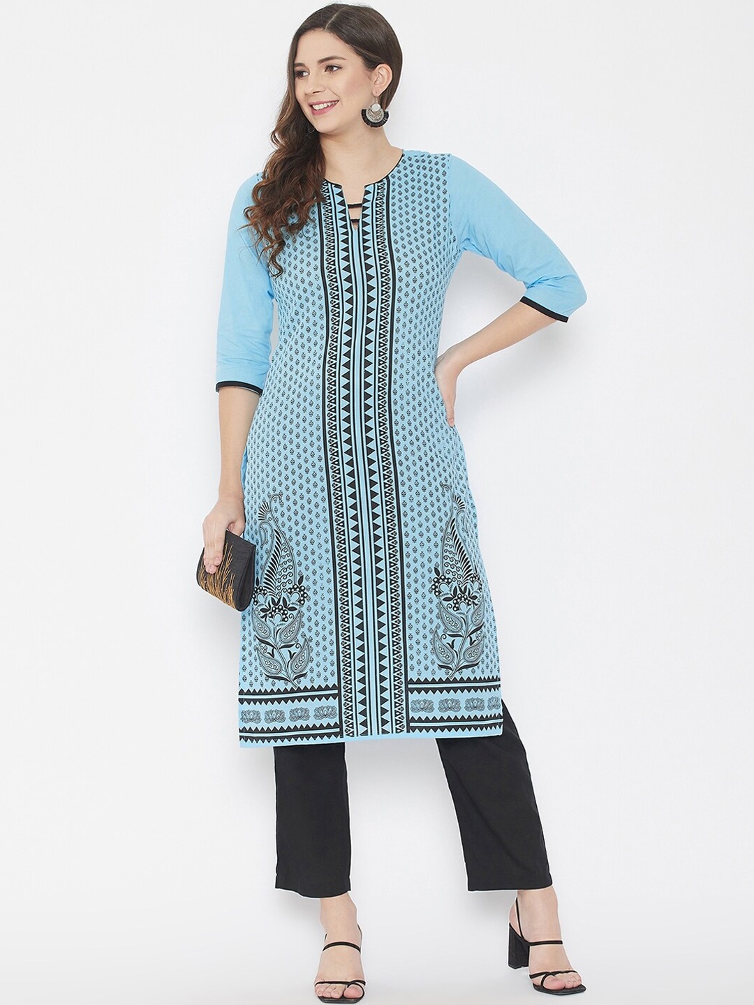 

WineRed Women Sky Blue Screen Print Cotton Kurta