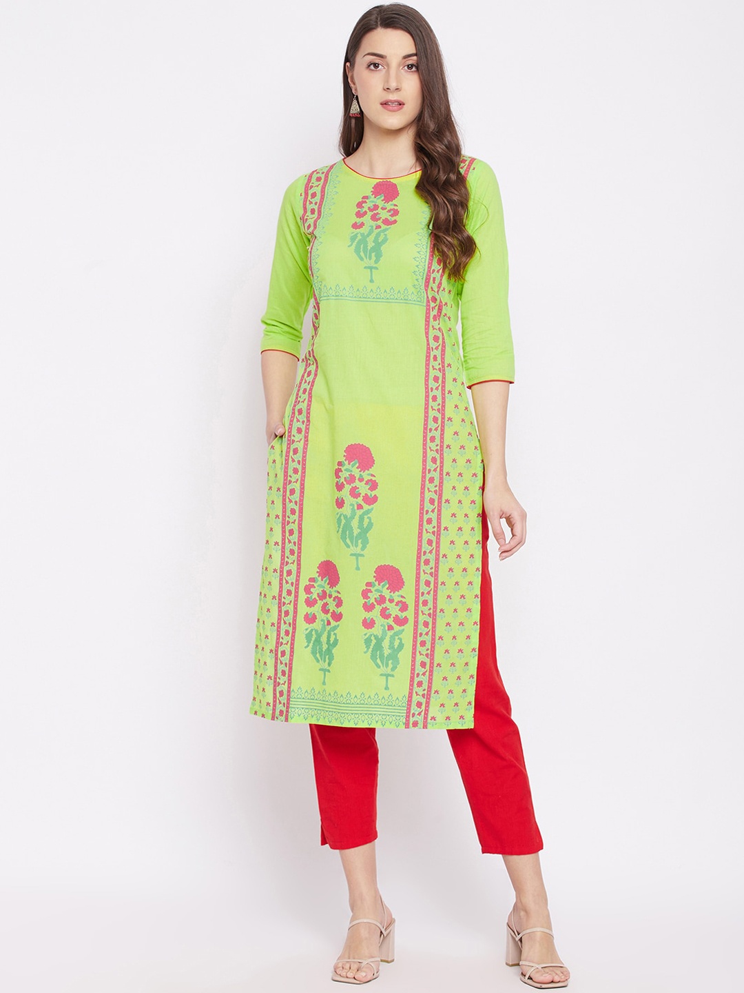 

WineRed Women Lime Green Floral Screen Printed Pure Cotton Kurta