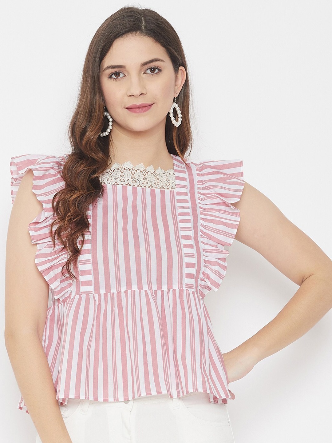 

WineRed Women Pink & White Striped Pure Cotton Peplum Top