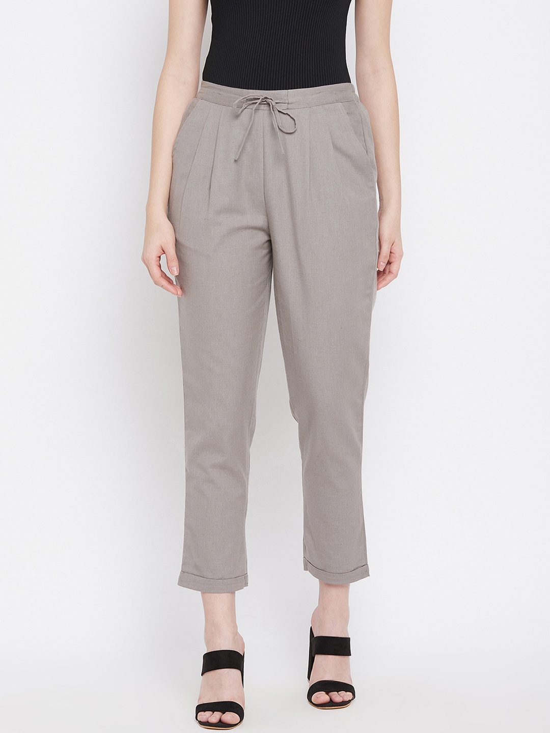 

WineRed Women Grey Solid Pleated Trousers