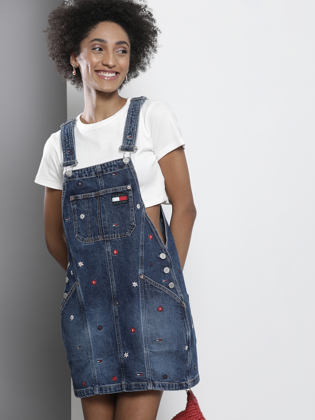 

Tommy Hilfiger Women Blue Floral Embroidered Denim Pinafore Dress