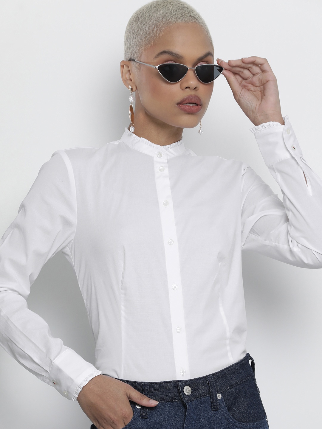 

Tommy Hilfiger Women White Slim Fit Mandarin Collared Casual Shirt