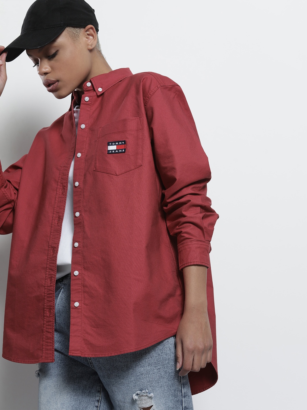 

Tommy Hilfiger Women Maroon Solid Boxy Pure Cotton Casual Shirt