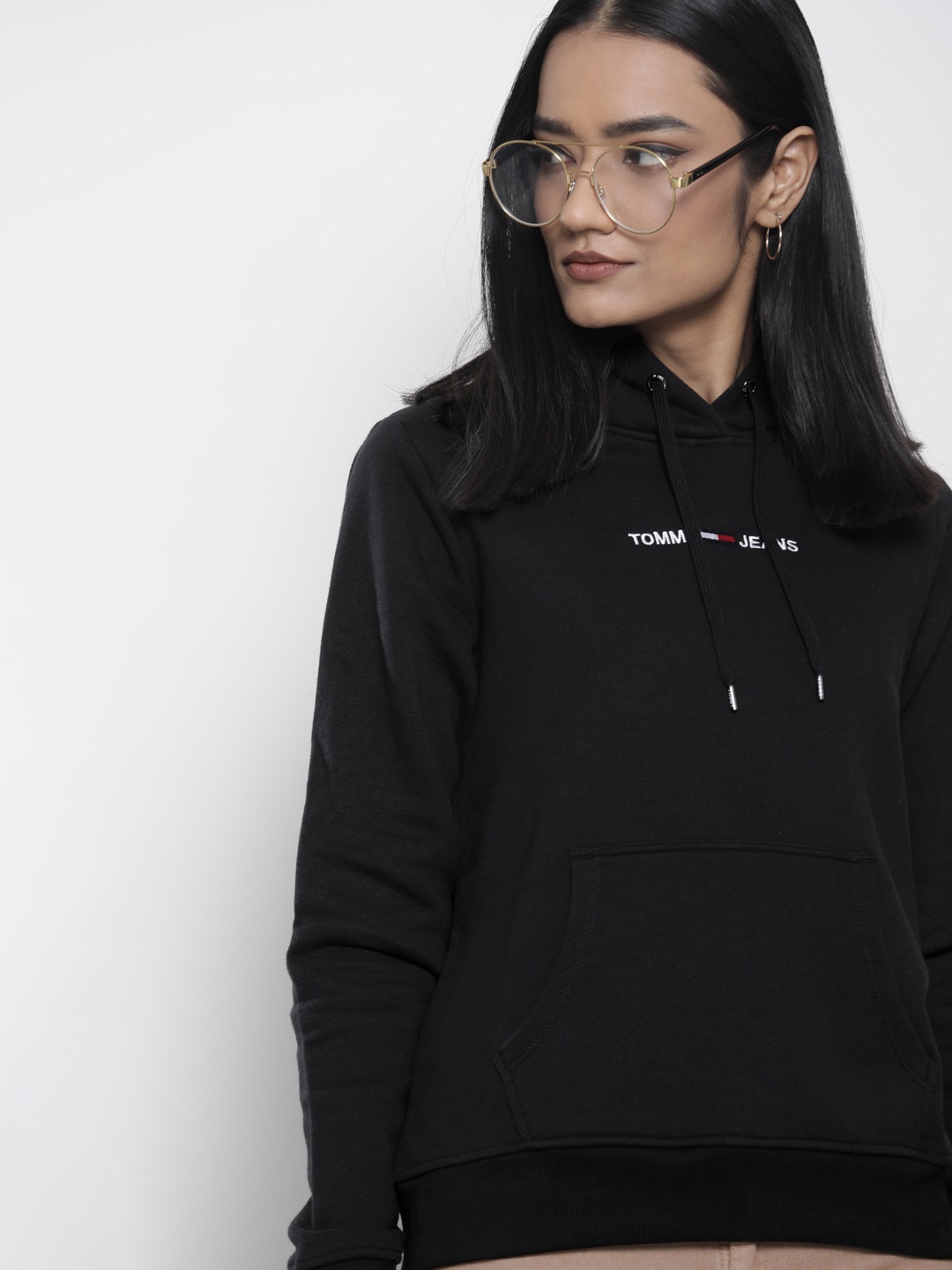 

Tommy Hilfiger Women Black Bramd Logo Embroidered Hooded Sweatshirt
