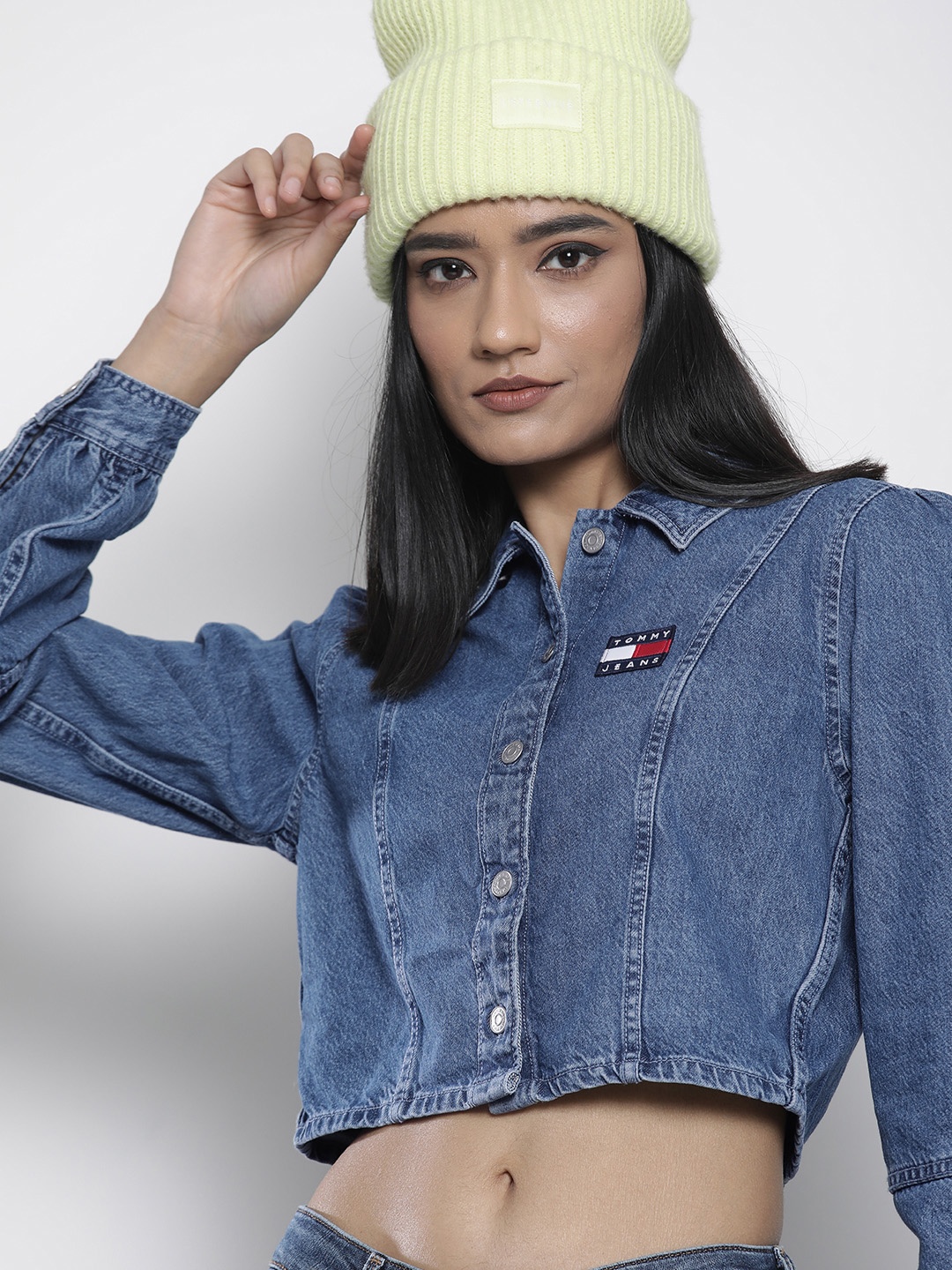 

Tommy Hilfiger Women Blue Faded Pure Cotton Cropped Denim Casual Shirt