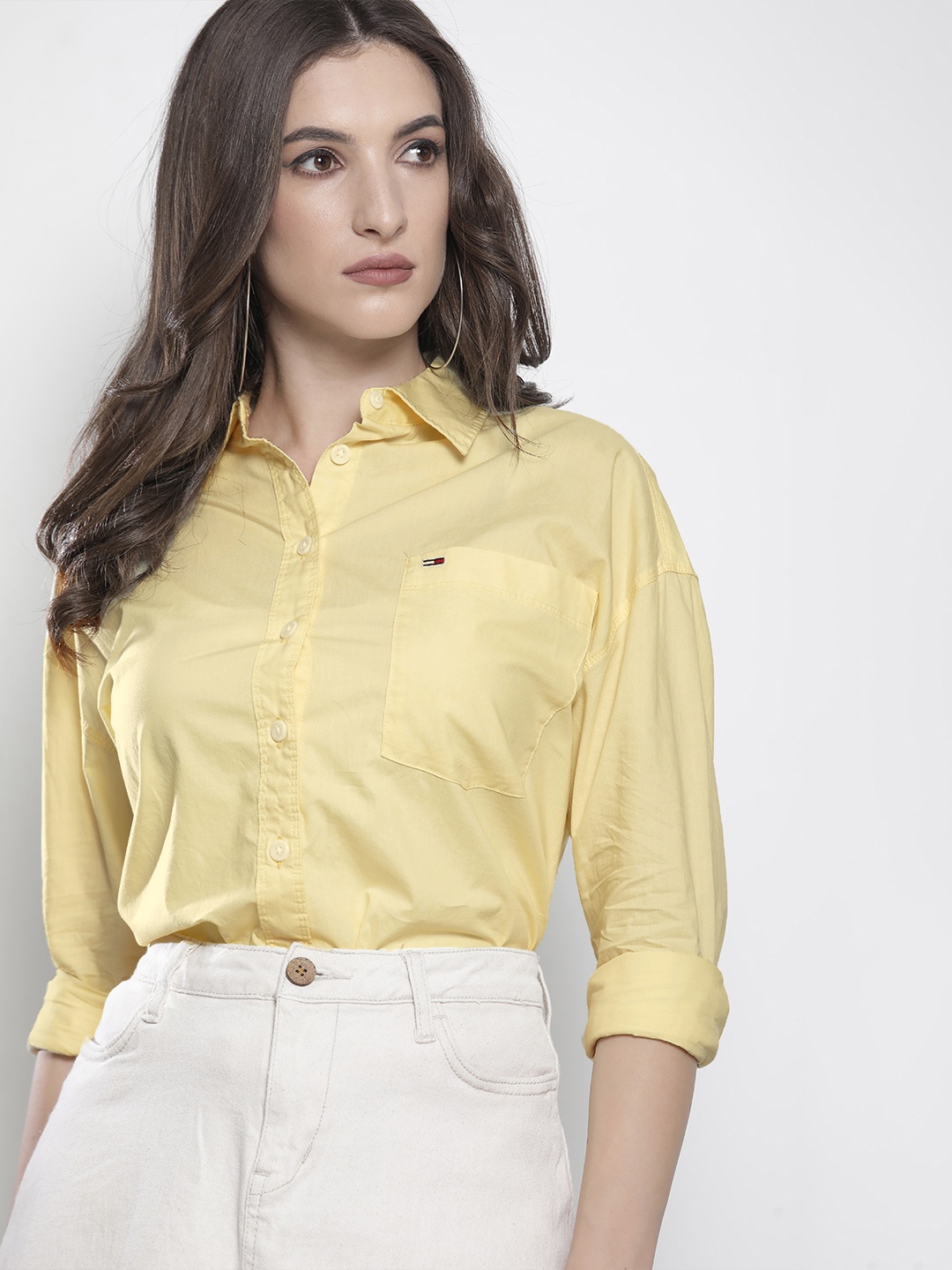 

Tommy Hilfiger Women Yellow Oversized Solid Organic Cotton Casual Shirt
