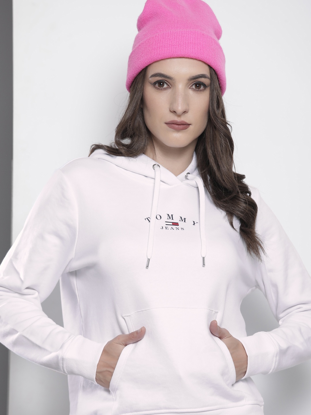 

Tommy Hilfiger Women White Brand Logo Printed Hooded Sweatshirt