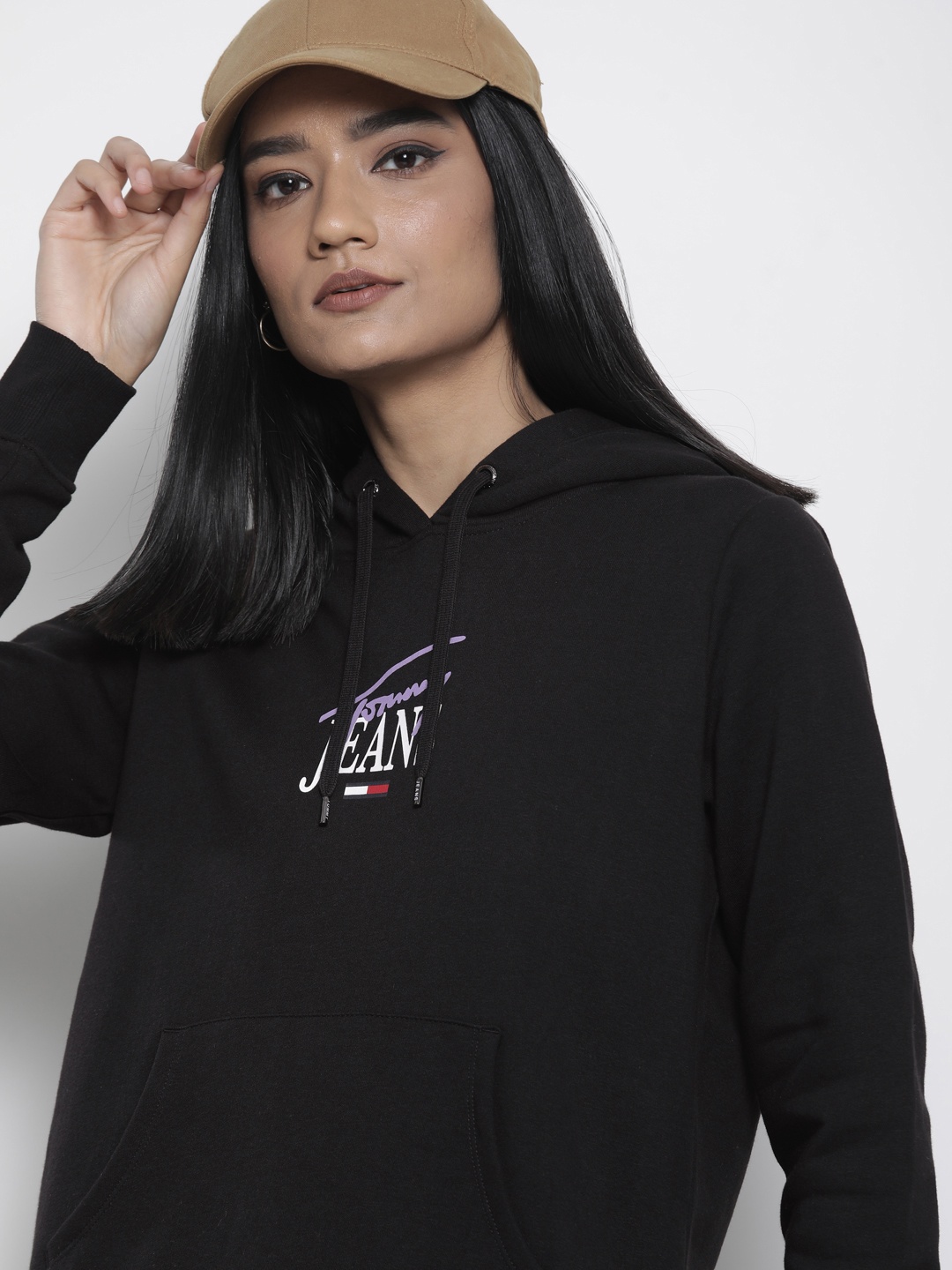 

Tommy Hilfiger Women Black Brand Logo Printed Hooded Sweatshirt