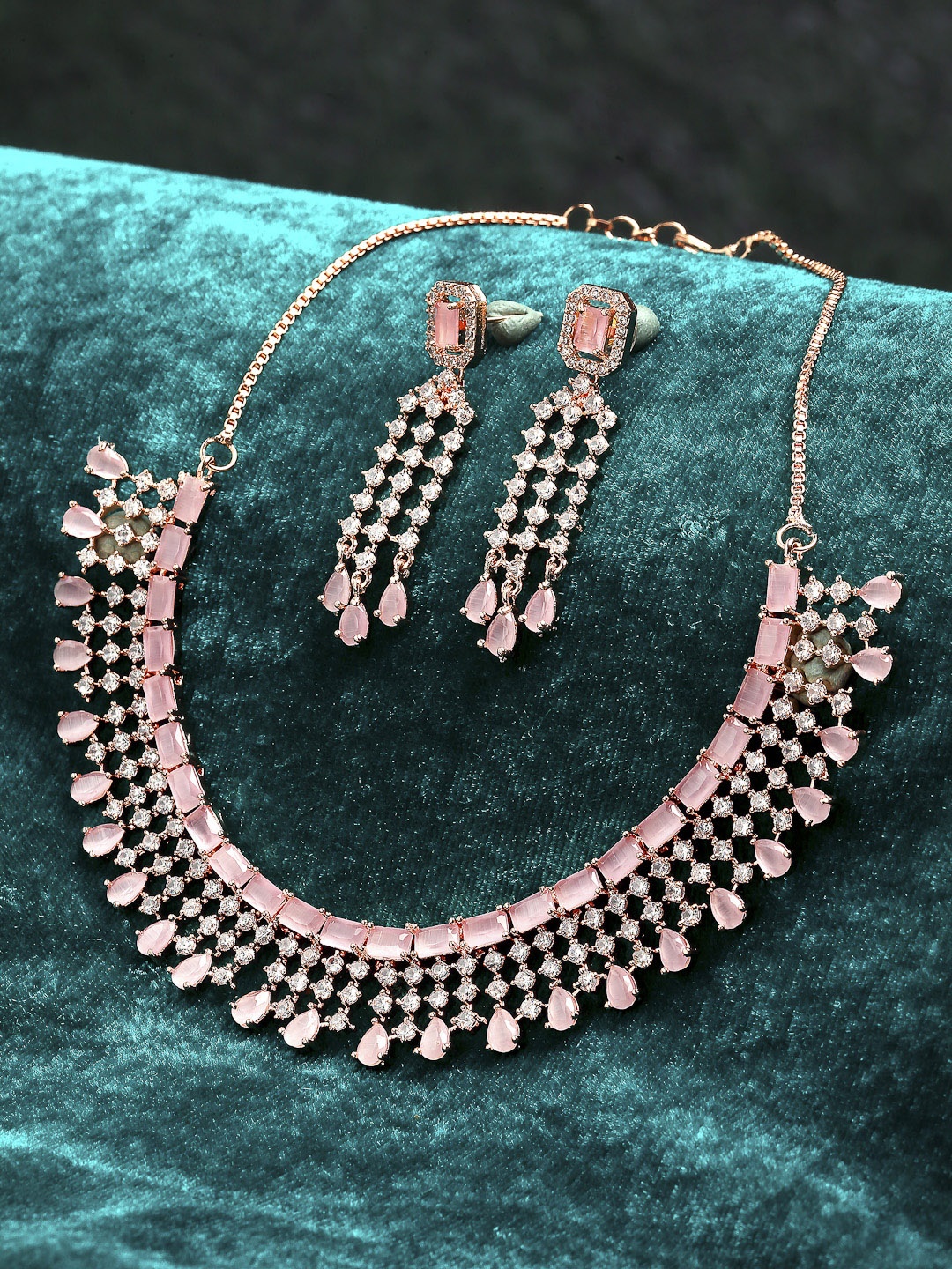 

ZENEME Rose Gold-Plated Pink & White AD-Studded Contemporary Jewellery Set