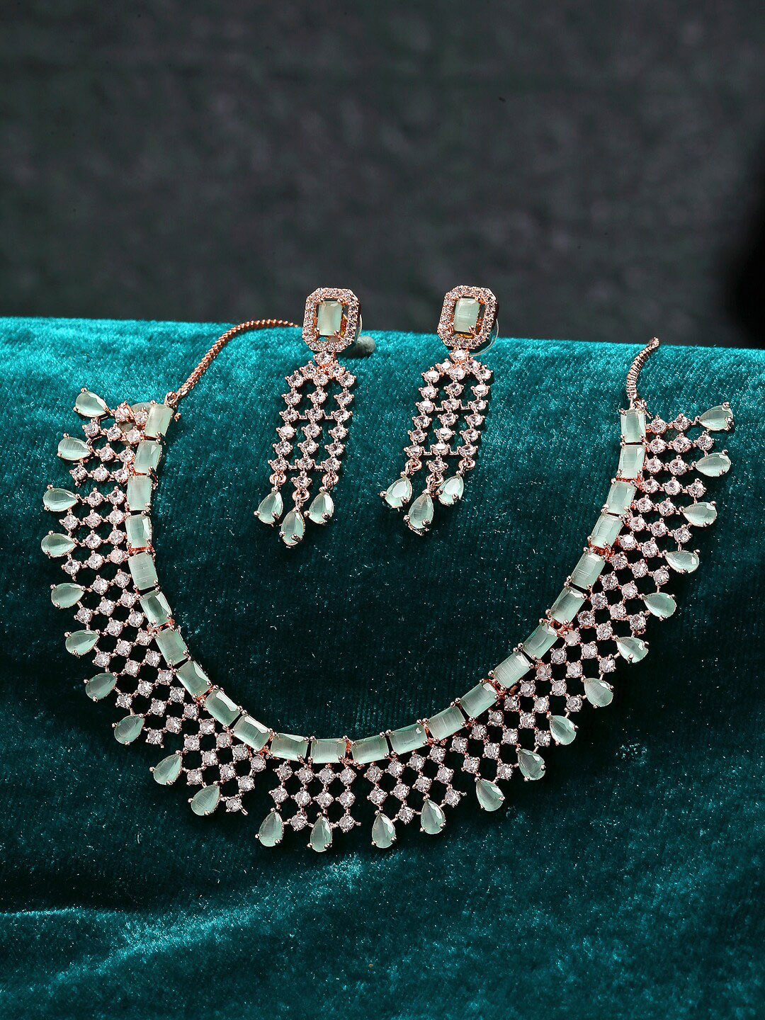 

ZENEME Green AD Stone Studded Jewelry Set, Rose gold